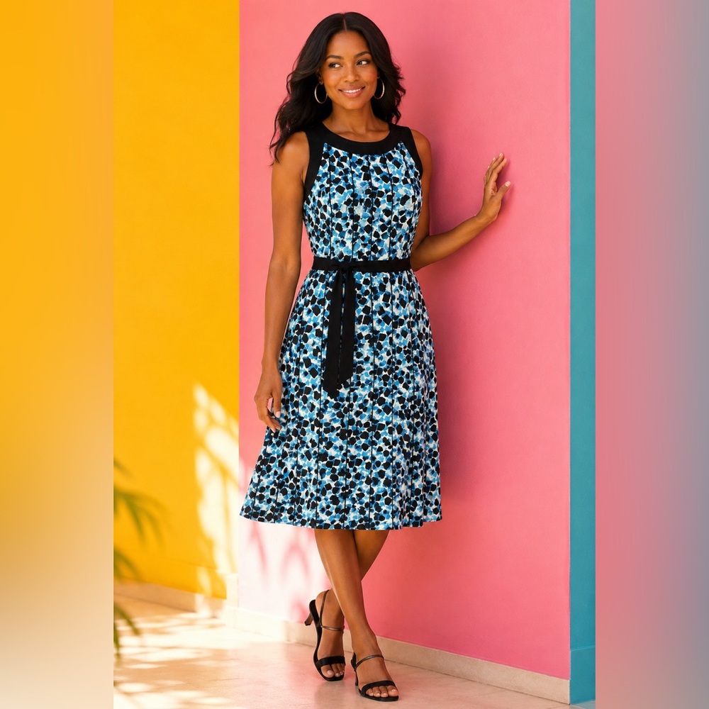 NEW Perceptions Blue, Black and White Patterned Dress
